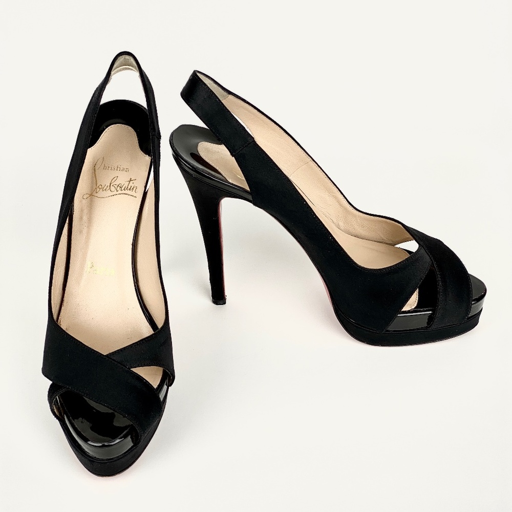 Christian Louboutin Platform Heels Very Croise Size 38.5 Black Satin Peep Toe 8